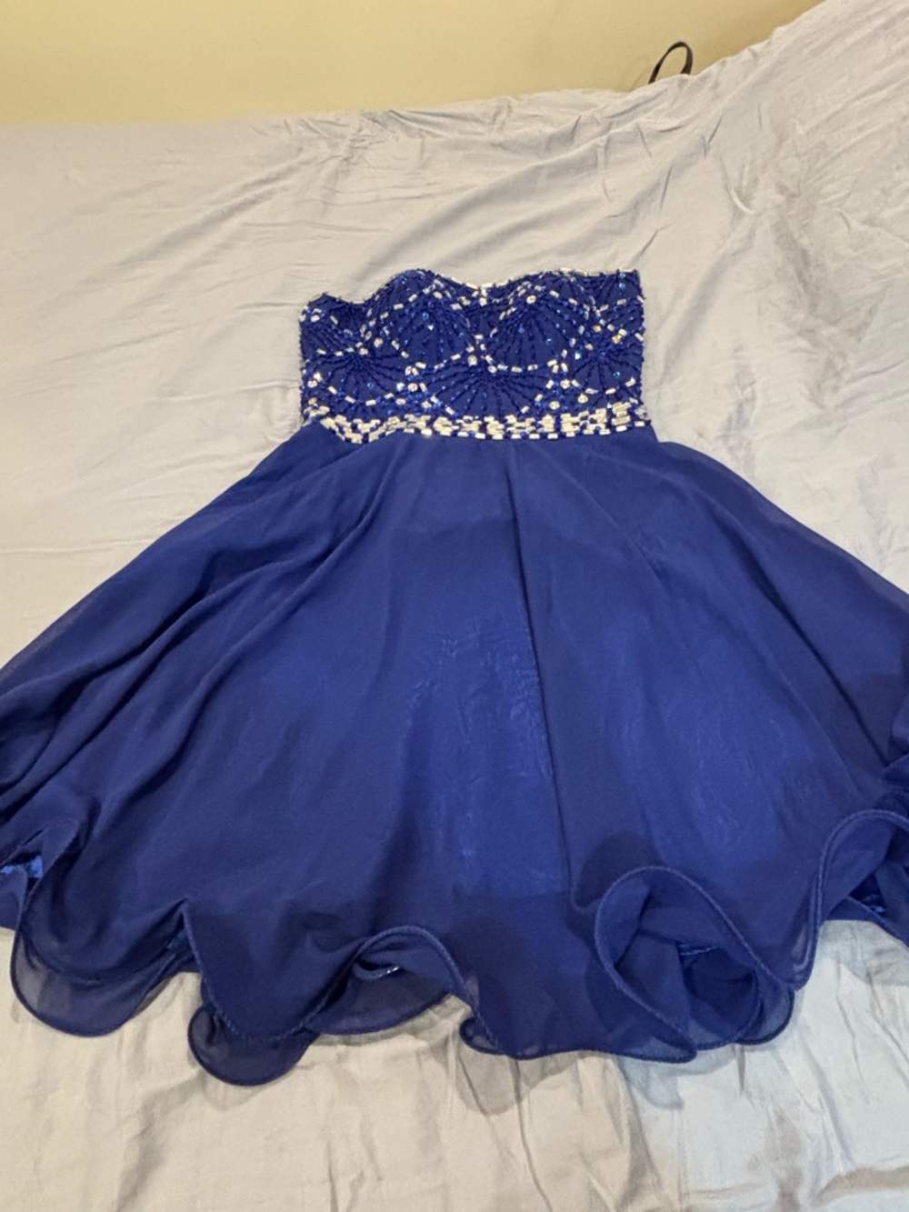 Girls Royal Blue Strapless Party Dress with Beaded Bodice